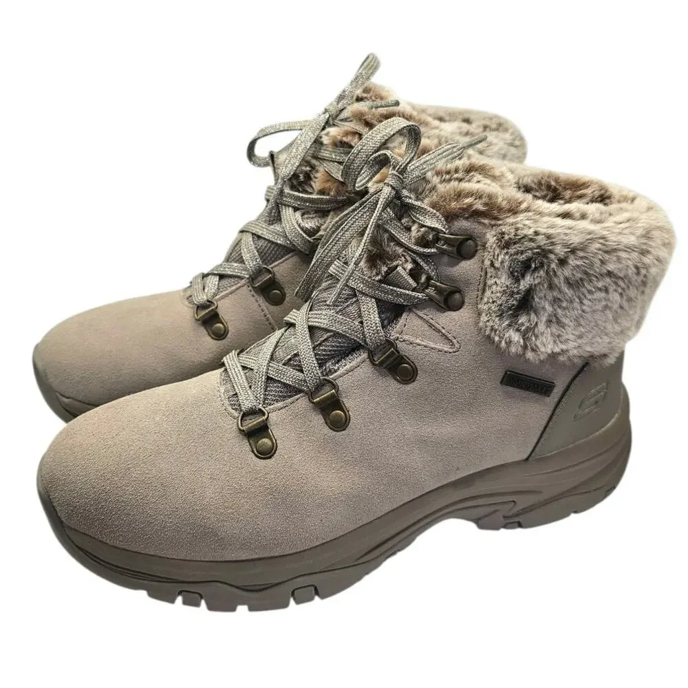 Skechers Taupe Trego Falls Finest Suede Waterproof Faux Fur Snow Winter Boots